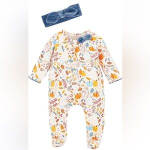 Mud Pie Pumpkin Floral Baby Sleeper w Headband 6-9M NWT